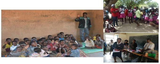 マラウイの保育所の乳幼児（写真左）。学童保育でダンスをする児童（右写真上、ナミビア）と就学支援で文具を受け取る生徒（右写真下、マラウイ）