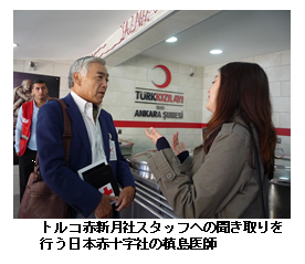 テキスト ボックス:トルコ赤新月社スタッフへの聞き取りを行う日本赤十字社の槙島医師